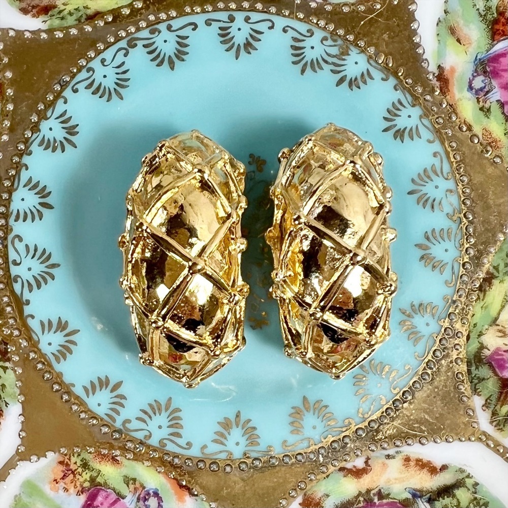 Givenchy Gold Quilted Pattern Extra Large Clip-On Earrings​